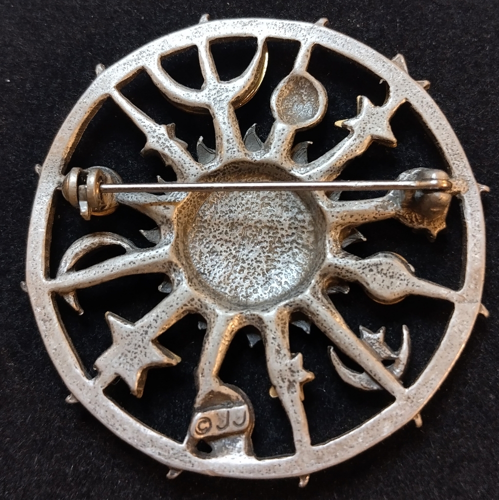 Vintage JJ Jonette Signed Pewter Celestial Sun Moon Star Planet Brooch Pin - Picture 2 of 5